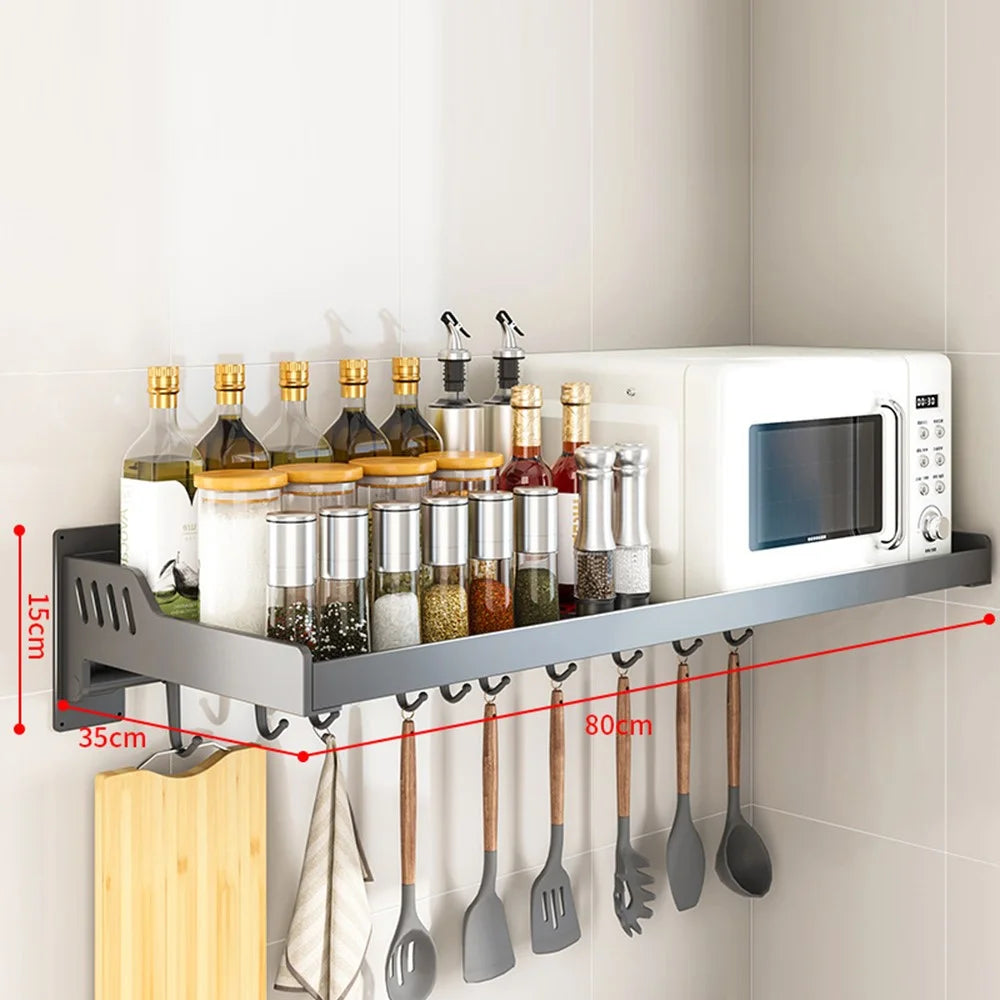 35x80cm Kitchen Storage Rack Wall Mounted Spice Organizer Holder with Hooks - 1