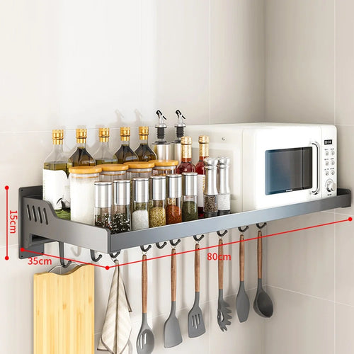 35x80cm Kitchen Storage Rack Wall Mounted Spice Organizer Holder with Hooks - 1