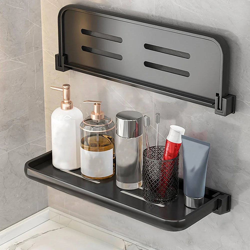 Folding Bathroom Shelf 30cm Wall Mounted Storage Rack Waterproof No Drill Washroom Display Holder - Tarnish - 5