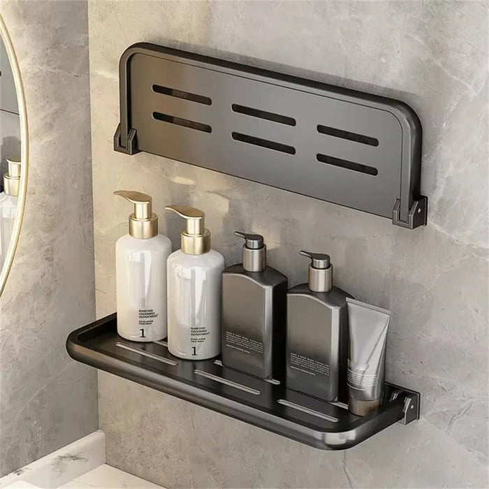 Folding Bathroom Shelf 40cm Wall Mounted Storage Rack Waterproof No Drill Washroom Display Holder - Tarnish - 2