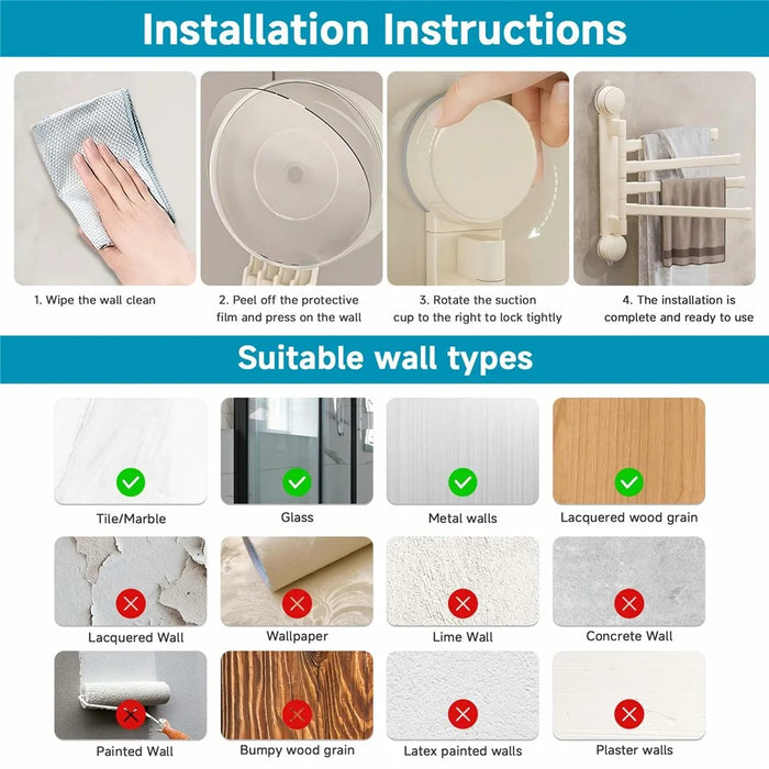 Suction Cup Rotatable Towel Rack 2 Bars 42cm No Drilling Bathroom Hanger - White - 2
