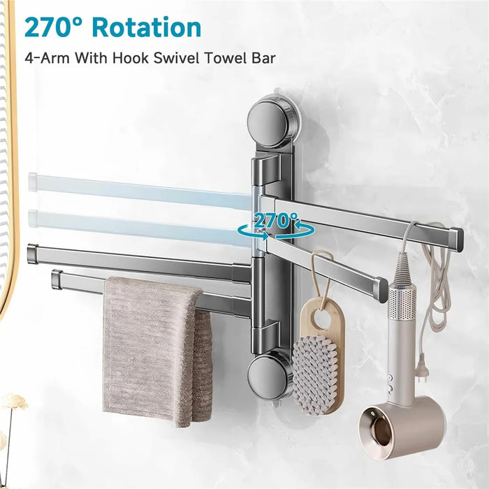 Suction Cup Rotatable Towel Rack 4 Bars 42cm No Drilling Bathroom Hanger - Tarnish - 2