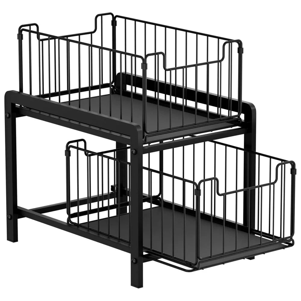 Kitchen Sink Under Cabinet Organizer 2-Tier Pull Out Storage Rack for Kitchenware - 1