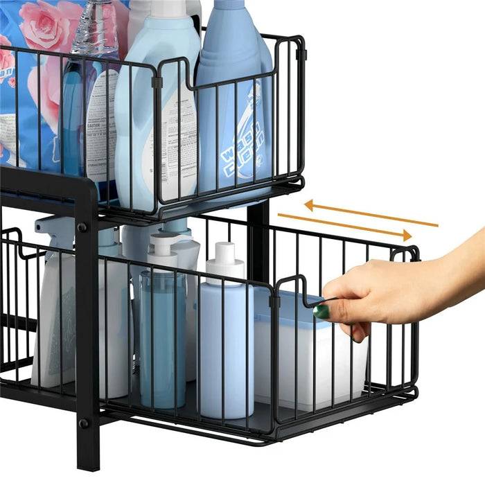 Kitchen Sink Under Cabinet Organizer 2-Tier Pull Out Storage Rack for Kitchenware - 3