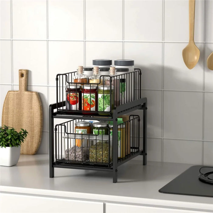 Kitchen Sink Under Cabinet Organizer 2-Tier Pull Out Storage Rack for Kitchenware - 4