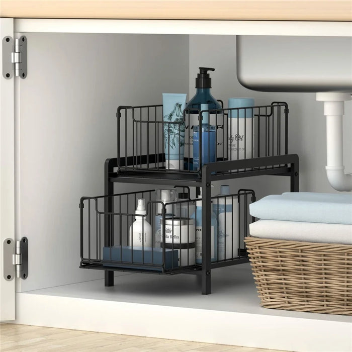 Kitchen Sink Under Cabinet Organizer 2-Tier Pull Out Storage Rack for Kitchenware - 5