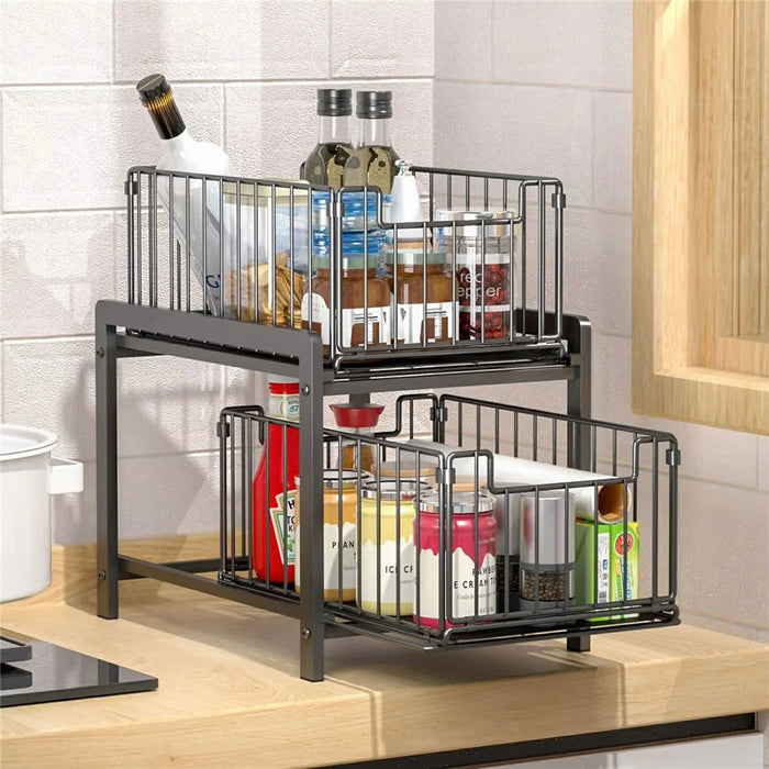 Kitchen Sink Under Cabinet Organizer 2-Tier Pull Out Storage Rack for Kitchenware - 7