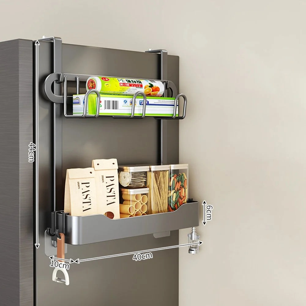 Refrigerator Side Storage Rack 2-Tier Kitchen Organizer Spice Holder Shelf with 4 Hooks (1 Basket, 1 Rack) - Tarnish - 1