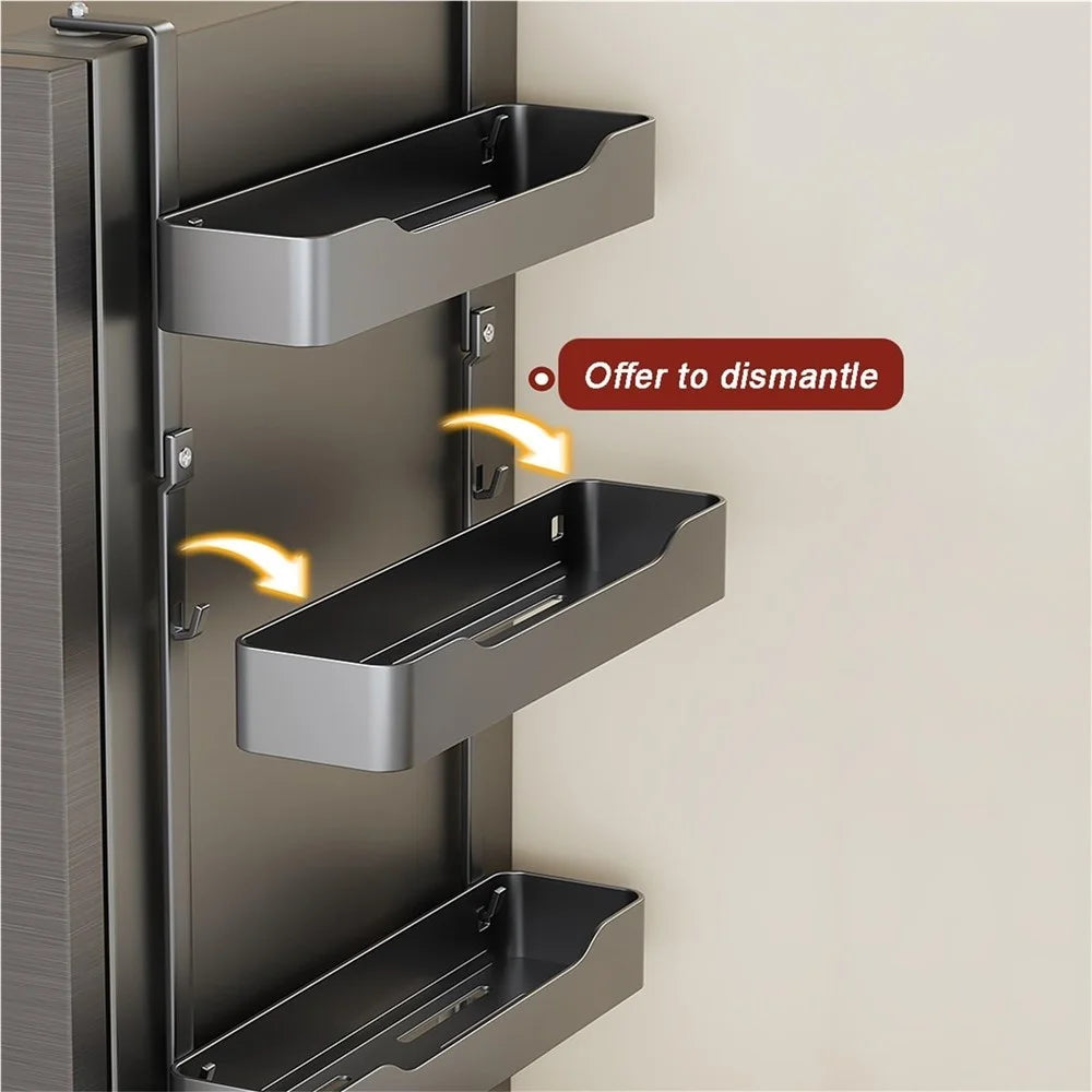 Refrigerator Side Storage Rack 2-Tier Kitchen Organizer Spice Holder Shelf with 4 Hooks (1 Basket, 1 Rack) - Tarnish - 3