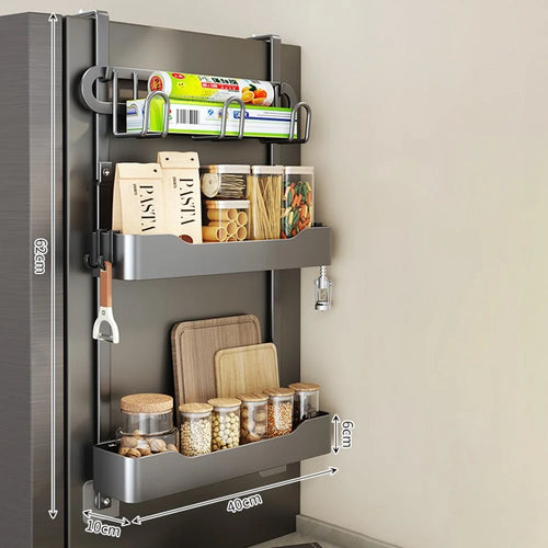 Refrigerator Side Organizer 3-Tier Storage Rack Kitchen Spice Holder Wall Mounted Shelf (2 Basket, 1 Rack) - Tarnish - 1