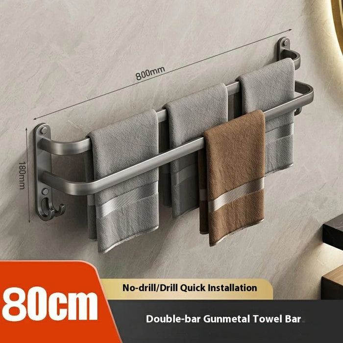 80cm Double Bar Aluminum Towel Rack Wall Mounted No Drilling Bathroom Towel Shelf Hanger - 3