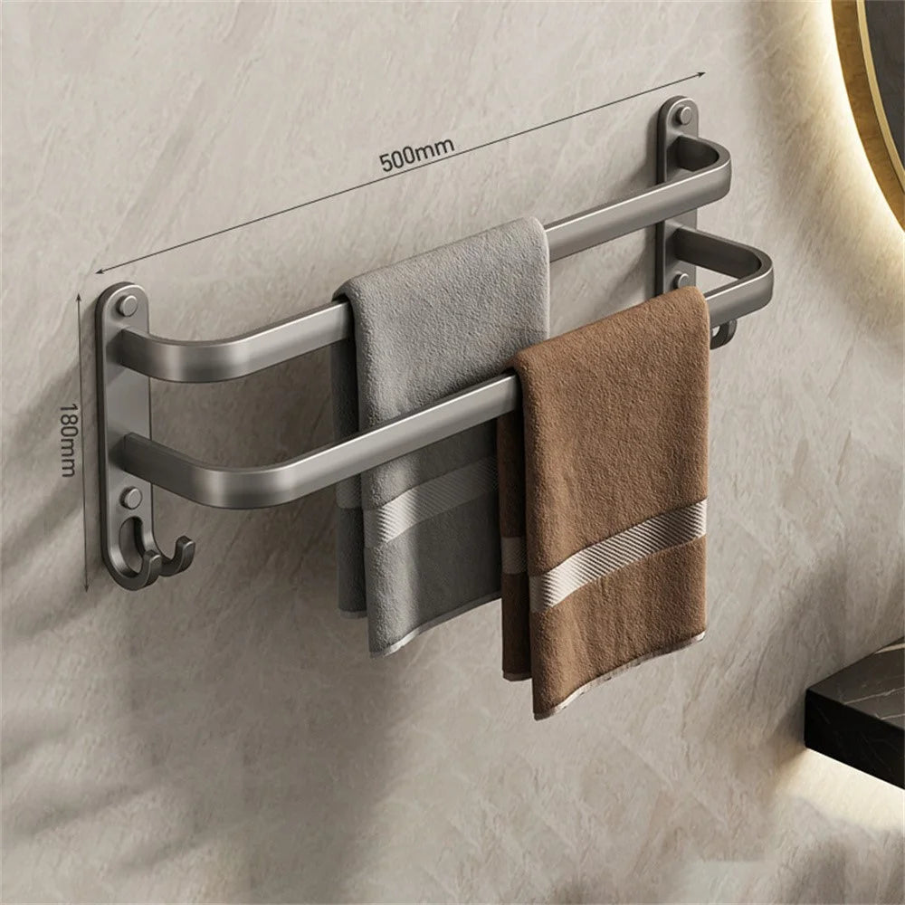 50cm Double Bar Aluminum Towel Rack Wall Mounted No Drilling Bathroom Towel Shelf Hanger - 3