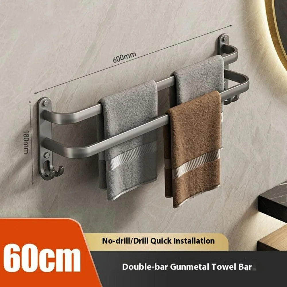 60cm Double Bar Aluminum Towel Rack Wall Mounted No Drilling Bathroom Towel Shelf Hanger - 3