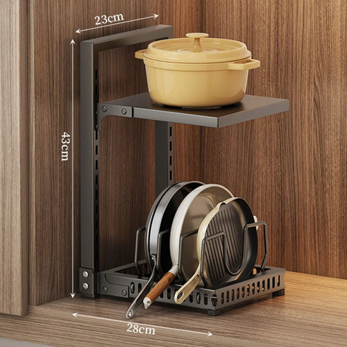 2 Tiers Kitchen Pot Rack Organizer Adjustable Height Carbon Steel Storage Shelf Cookware Holder - Black - 1