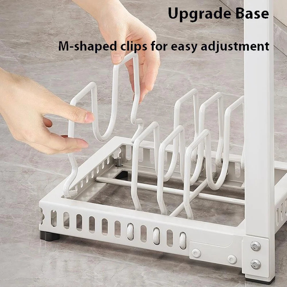 2 Tiers Kitchen Pot Rack Organizer Adjustable Height Carbon Steel Storage Shelf Cookware Holder - Black - 2