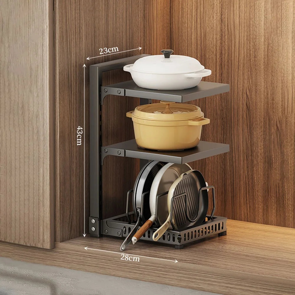 3 Tiers Kitchen Pot Rack Organizer Adjustable Height Carbon Steel Storage Shelf Cookware Holder - Black - 1