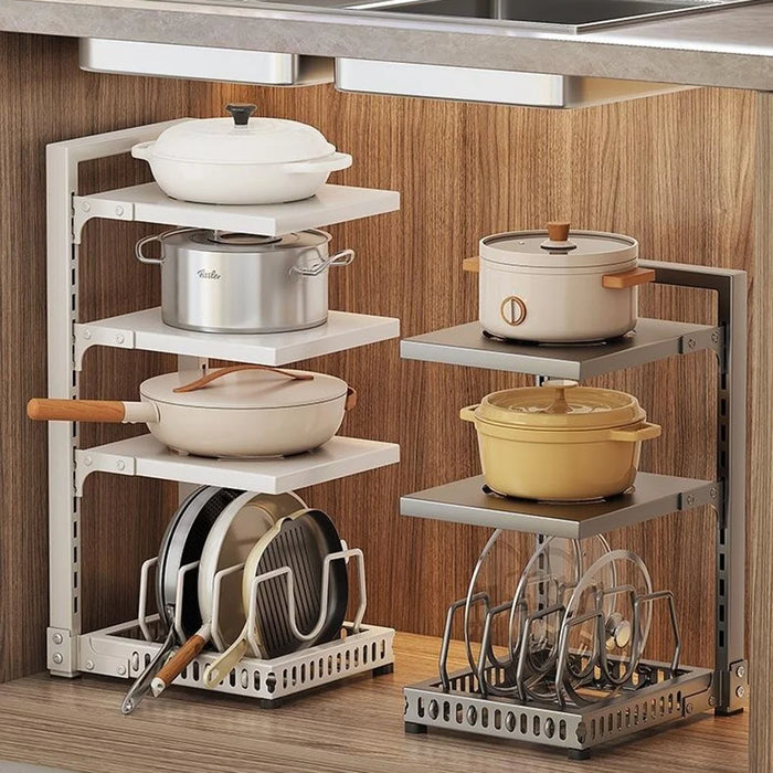 3 Tiers Kitchen Pot Rack Organizer Adjustable Height Carbon Steel Storage Shelf Cookware Holder - Black - 4