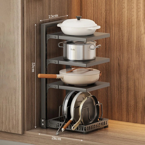 4 Tiers Kitchen Pot Rack Organizer Adjustable Height Carbon Steel Storage Shelf Cookware Holder - Black - 1