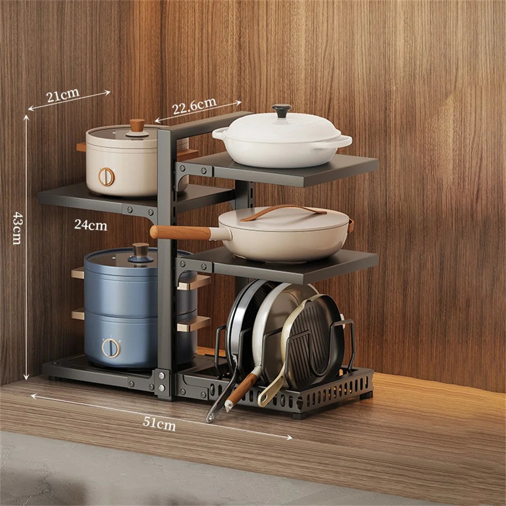 For Kitchen Pot Rack 5 Tier Adjustable Carbon Steel Organizer Under Sink Cabinet Storage Shelf - Black - 1