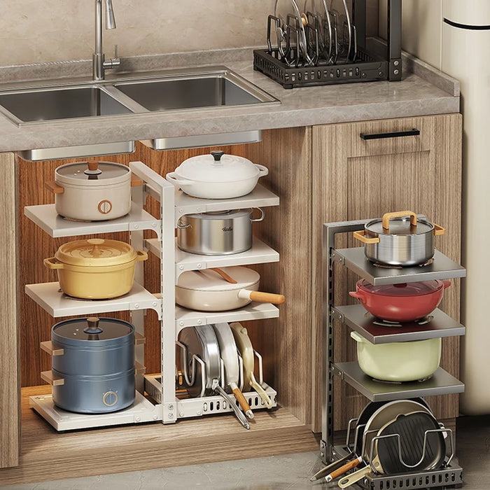 For Kitchen Pot Rack 7 Tier Adjustable Carbon Steel Organizer Under Sink Cabinet Storage Shelf - Grey - 3