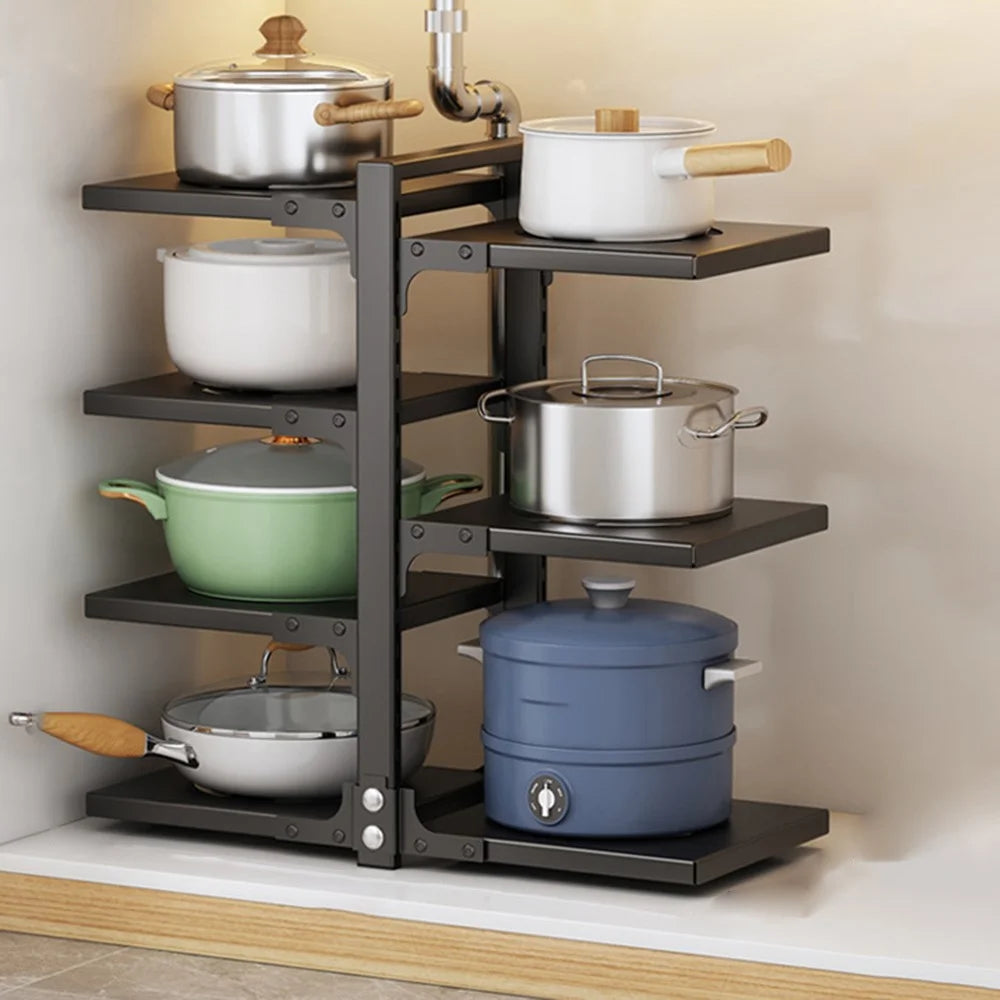 Adjustable 7-Tier Double-Sided Pot Rack For Kitchen Carbon Steel Storage Organizer Cookware Holder - Black - 1