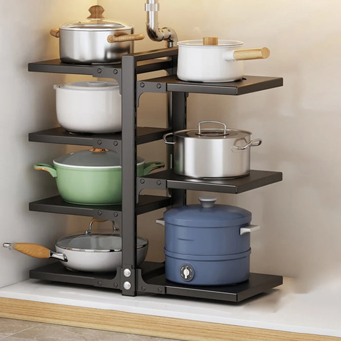 Adjustable 7-Tier Double-Sided Pot Rack For Kitchen Carbon Steel Storage Organizer Cookware Holder - Black - 1