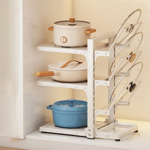 Adjustable 3-Tier Kitchen Pot Rack Organizer Carbon Steel Storage Shelf Cookware Holder - White - 1