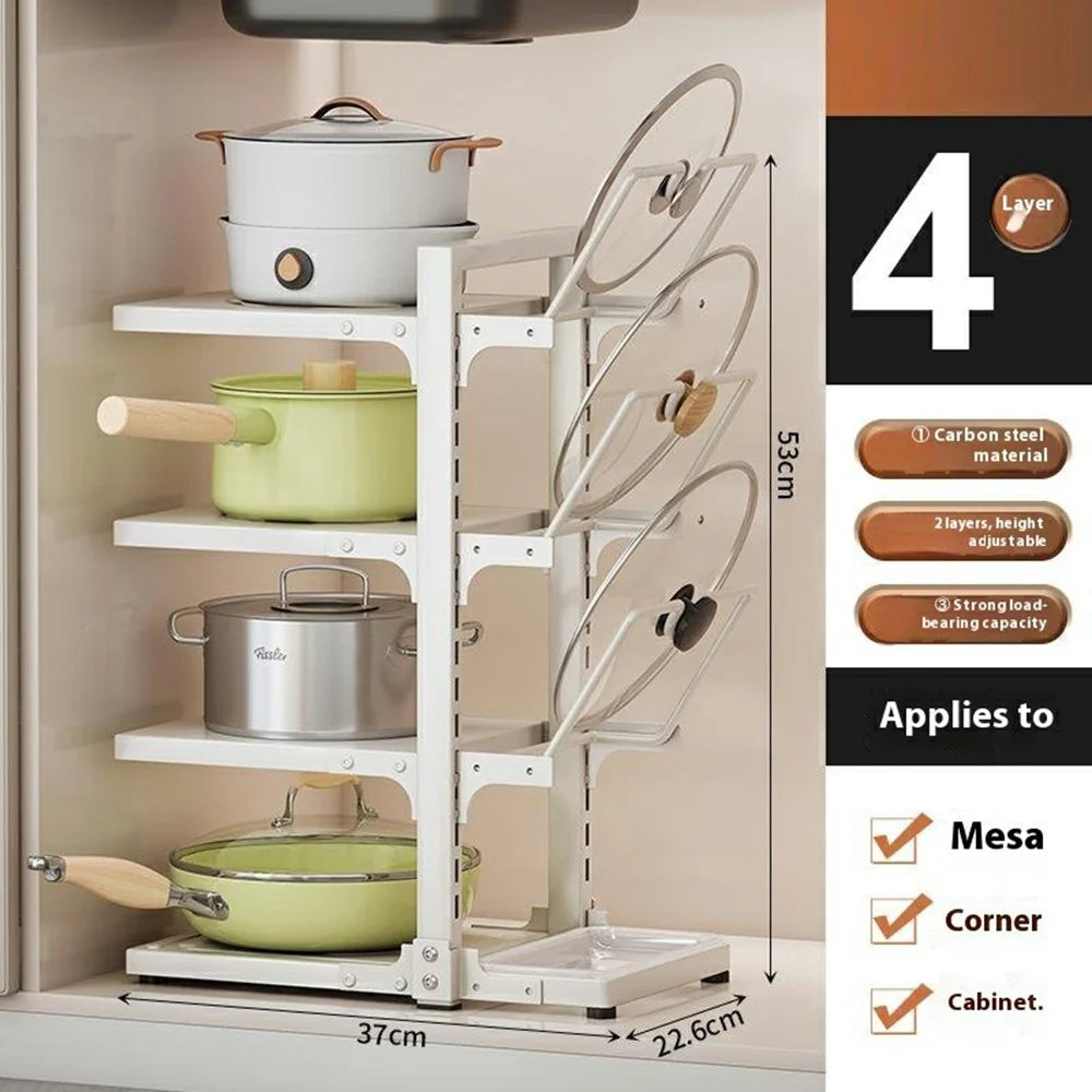 Adjustable 4-Tier Kitchen Pot Rack Organizer Carbon Steel Storage Shelf Cookware Holder - White - 2