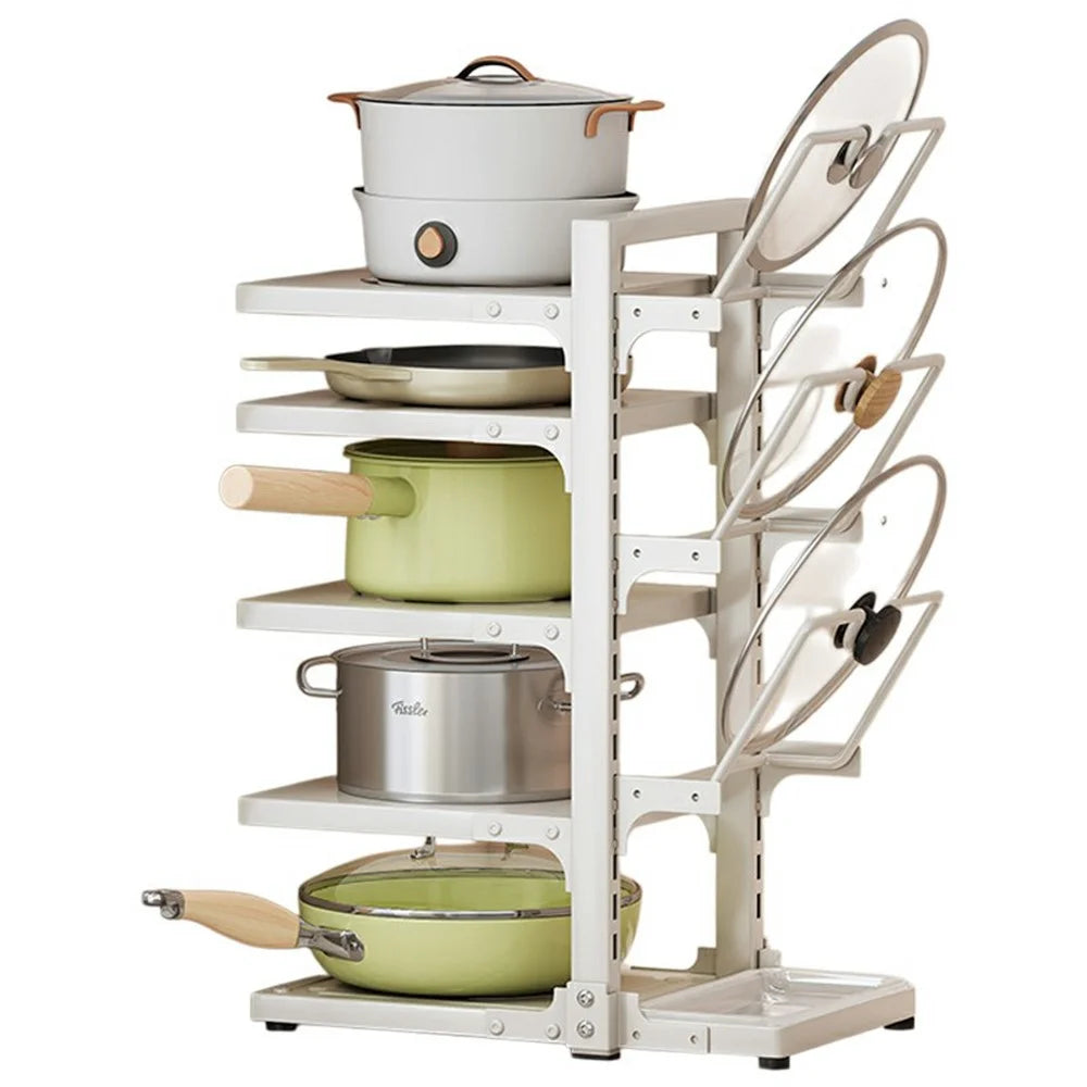 5 Tier Kitchen Pot Rack Organizer Carbon Steel Adjustable Pan Storage Holder Shelf - White - 1