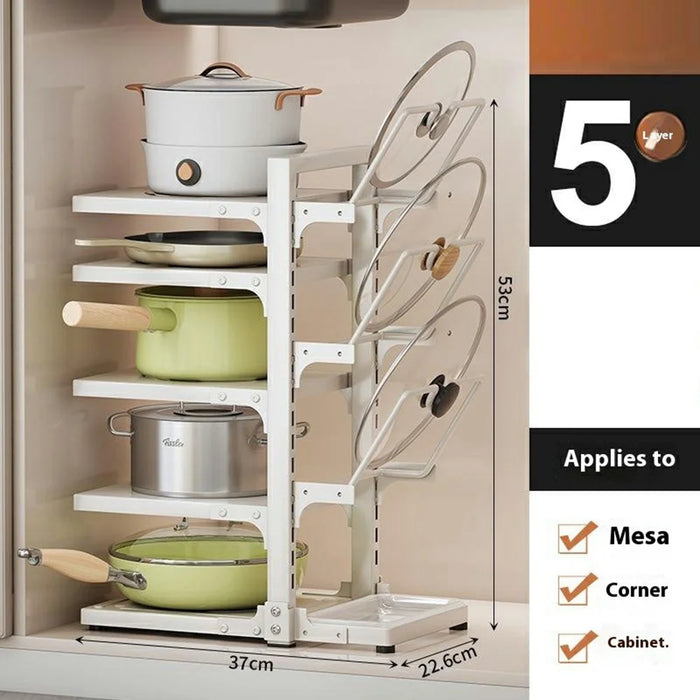 5 Tier Kitchen Pot Rack Organizer Carbon Steel Adjustable Pan Storage Holder Shelf - White - 2