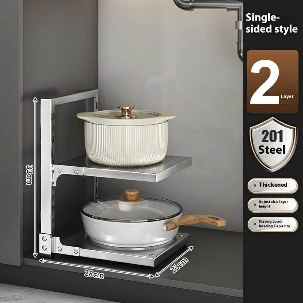 2 Tier Kitchen Pot Rack Organizer Stainless Steel Adjustable Storage Shelf Cabinet Organizer - 2