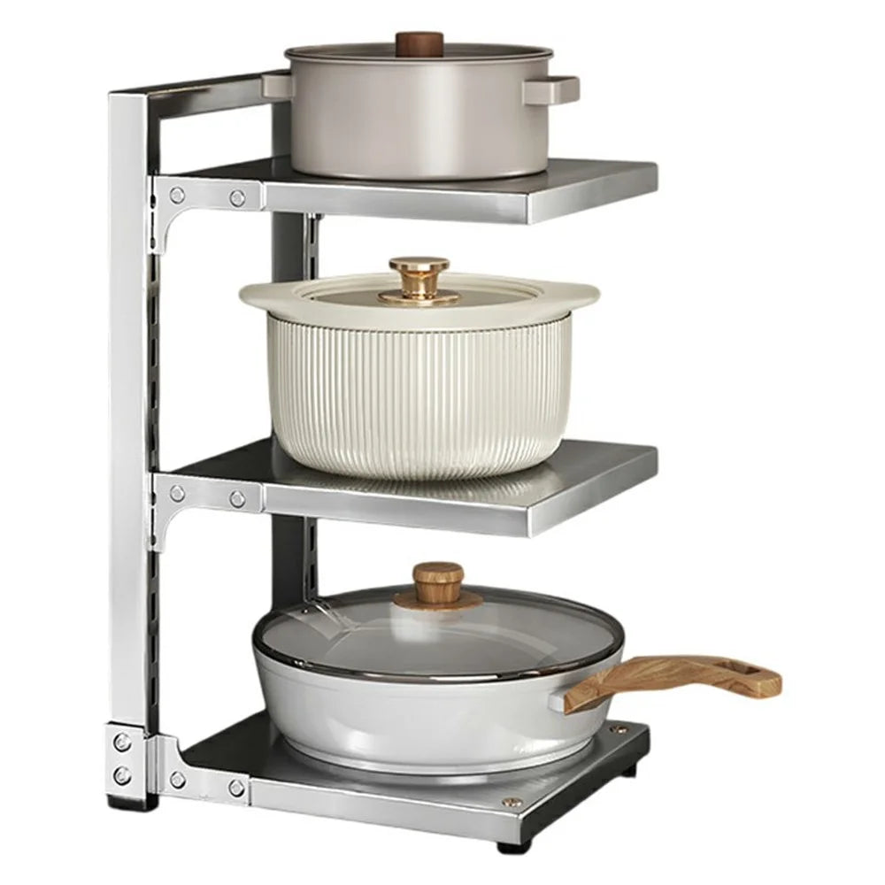 3 Tier Kitchen Pot Rack Organizer Stainless Steel Adjustable Storage Shelf Cabinet Organizer - 1