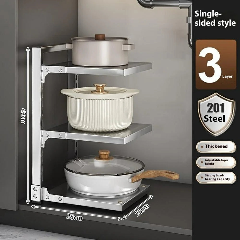 3 Tier Kitchen Pot Rack Organizer Stainless Steel Adjustable Storage Shelf Cabinet Organizer - 2