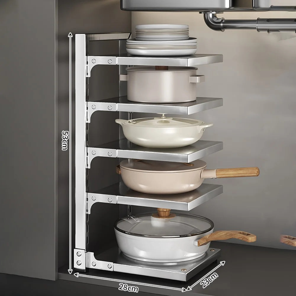 5 Tier Kitchen Pot Rack Organizer Adjustable Height Stainless Steel Storage Shelf - 1
