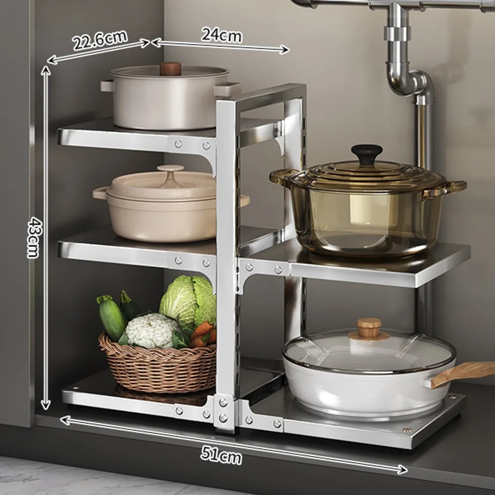 3 Tier + 2 Tier Kitchen Pot Rack Adjustable Height Stainless Steel Storage Shelf Organizer - 1