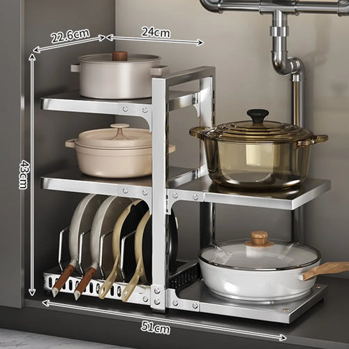 3 Tier + 2 Tier Kitchen Pot Storage Rack Stainless Steel Adjustable Shelf Organizer - 1