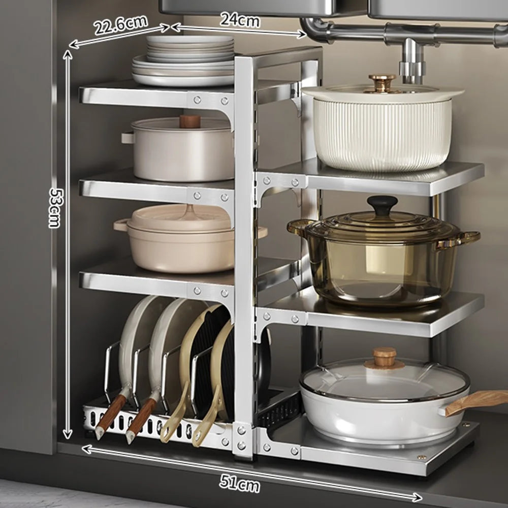 3 Tier + 4 Tier Kitchen Pot Storage Rack Stainless Steel Adjustable Shelf Organizer - 1