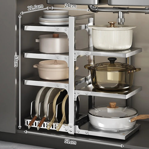 3 Tier + 4 Tier Kitchen Pot Storage Rack Stainless Steel Adjustable Shelf Organizer - 1