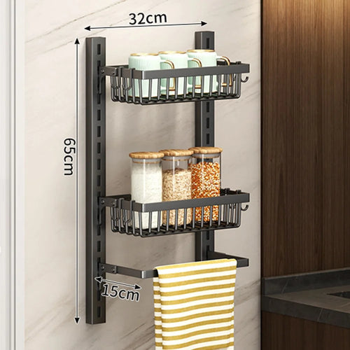 2-Tier Adjustable Storage Rack Organizer No Drill Wall Mounted Kitchen Shelf with Hooks - Black - 1