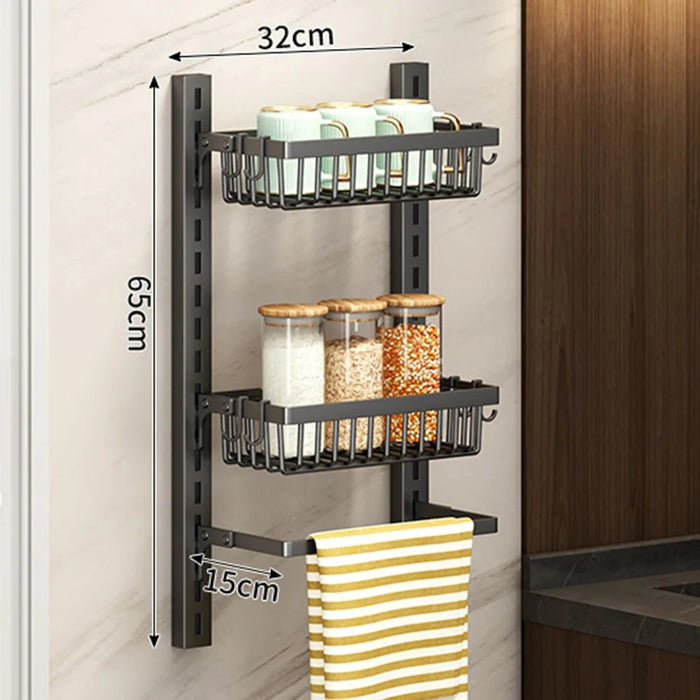 2-Tier Adjustable Storage Rack Organizer No Drill Wall Mounted Kitchen Shelf with Hooks - Black - 1