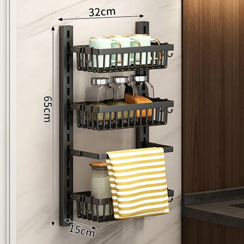 3-Tier Adjustable Storage Rack Organizer No Drill Wall Mounted Kitchen Shelf with Hooks - Black - 1