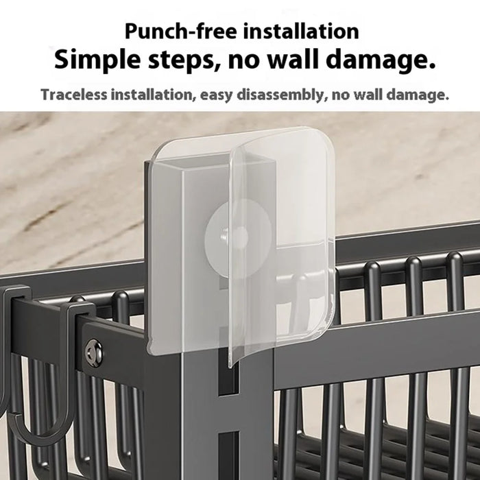 3-Tier Adjustable Storage Rack Organizer No Drill Wall Mounted Kitchen Shelf with Hooks - Black - 2