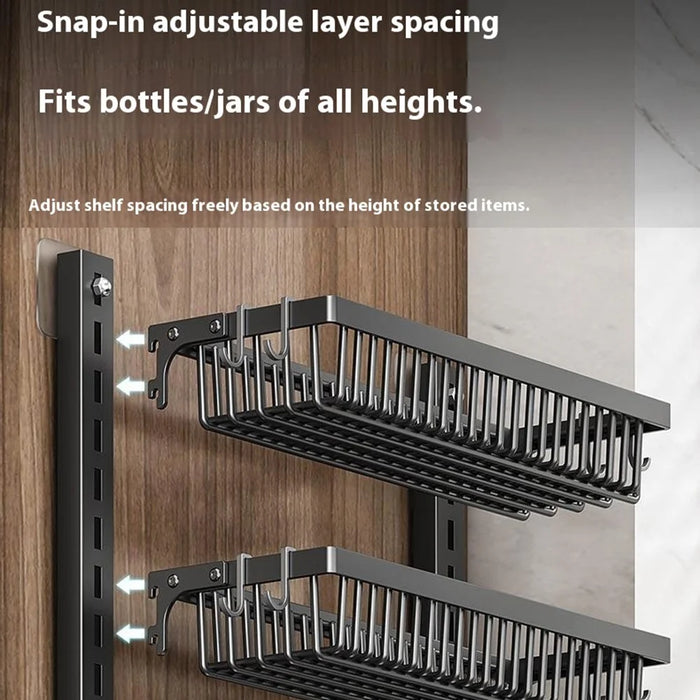 3-Tier Adjustable Storage Rack Organizer No Drill Wall Mounted Kitchen Shelf with Hooks - Black - 4