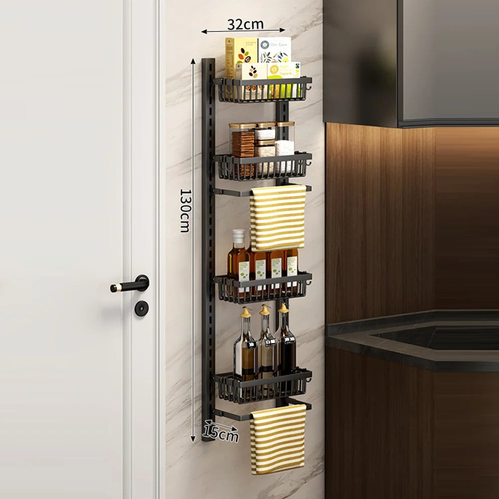 4-Tier Adjustable Storage Rack Organizer No Drill Wall Mounted Kitchen Shelf with Hooks - Black - 1