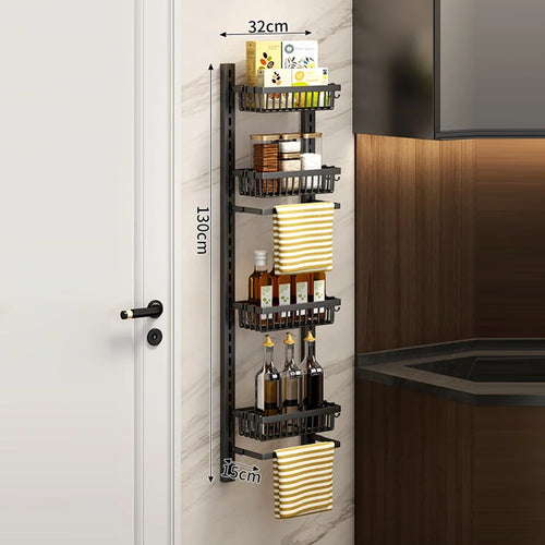 4-Tier Adjustable Storage Rack Organizer No Drill Wall Mounted Kitchen Shelf with Hooks - Black - 1