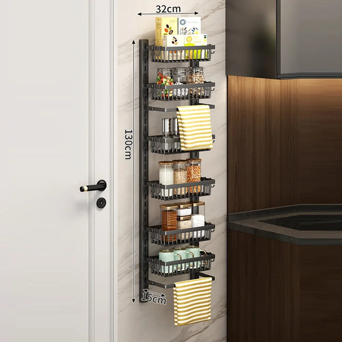 6-Tier Adjustable Storage Rack Organizer No Drill Wall Mounted Kitchen Shelf with Hooks - Black - 1