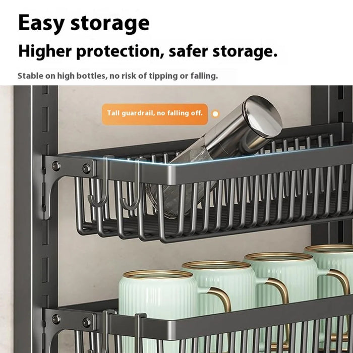 6-Tier Adjustable Storage Rack Organizer No Drill Wall Mounted Kitchen Shelf with Hooks - Black - 3