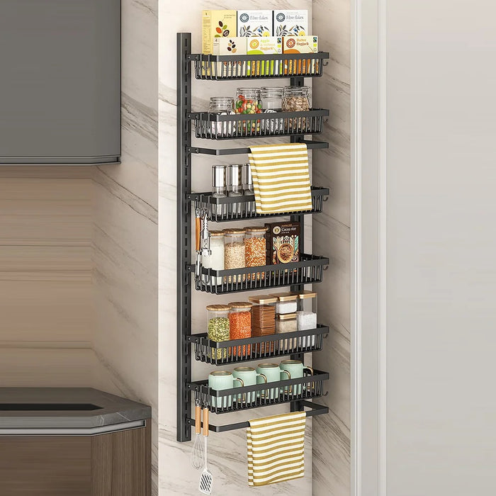 6-Tier Adjustable Storage Rack Organizer No Drill Wall Mounted Kitchen Shelf with Hooks - Black - 5