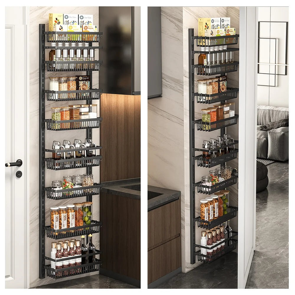 8-Tier Adjustable Storage Rack Organizer No Drill Wall Mounted Kitchen Shelf with Hooks - Black - 4