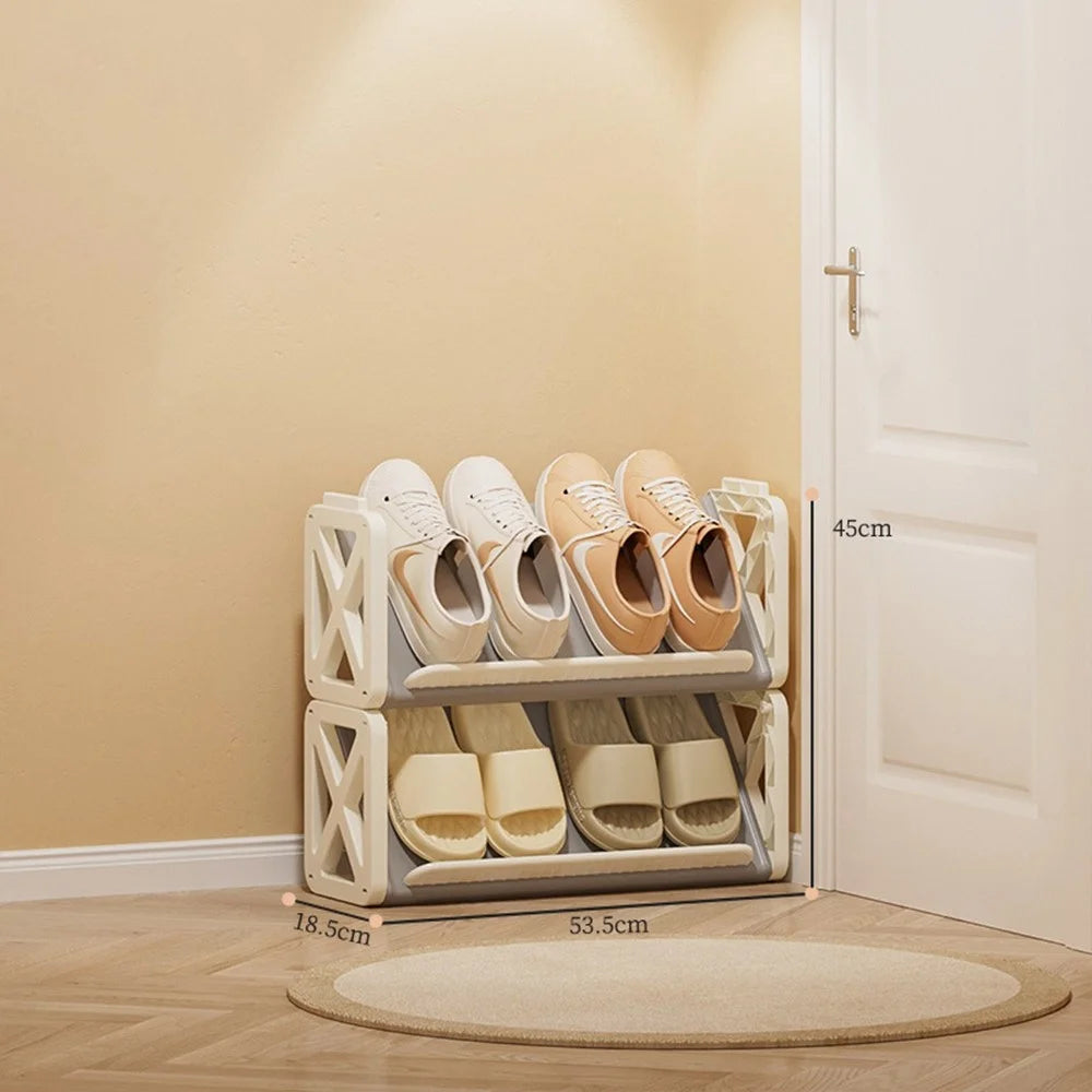 2-Tier Plastic Shoe Rack Indoor Hallway Narrow Shoe Cabinet Space Saving Entryway Organizer - White  /  Grey - 1